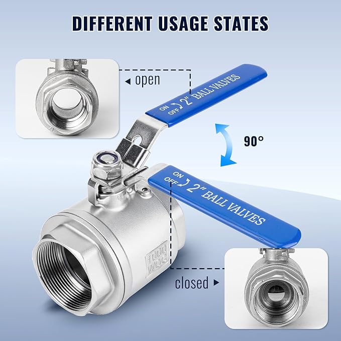 2 Pack 2" Ball Valves NPT Female Valve 304 Stainless Steel Full Port Locking Ball Valve Handle, Heavy Duty Shut Off Valve for Home and Industrial (2 Inch)