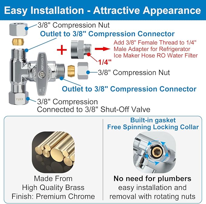 YUHX Brass Angle Stop Add-A-Tee Valve, 3/8 Inch Compression Outlet Easy Connect 3 Way Diverter 3/8"x3/8"x1/4" or3/8"Ice Maker RO System T