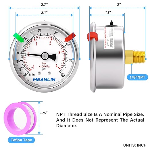 MEANLIN MEASURE -30inHG~60Psi Vacuum Pressure Gauge 1/8" NPT 2.5" FACE DIAL, Stainless Steel Liquid Filled Pressure Gauge WOG Water Oil Air Center Back Mount (with 2PCS Snaps)