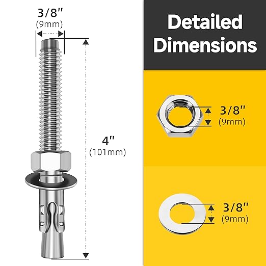 Mywish 3/8 x 4 Inch Wedge Anchors, 10Pcs 304 Stainless Steel Industrial 3/8 Heavy Duty Industrial Masonry Wdege Anchor Bolts for Brick Cement and Concrete, Bright Finish