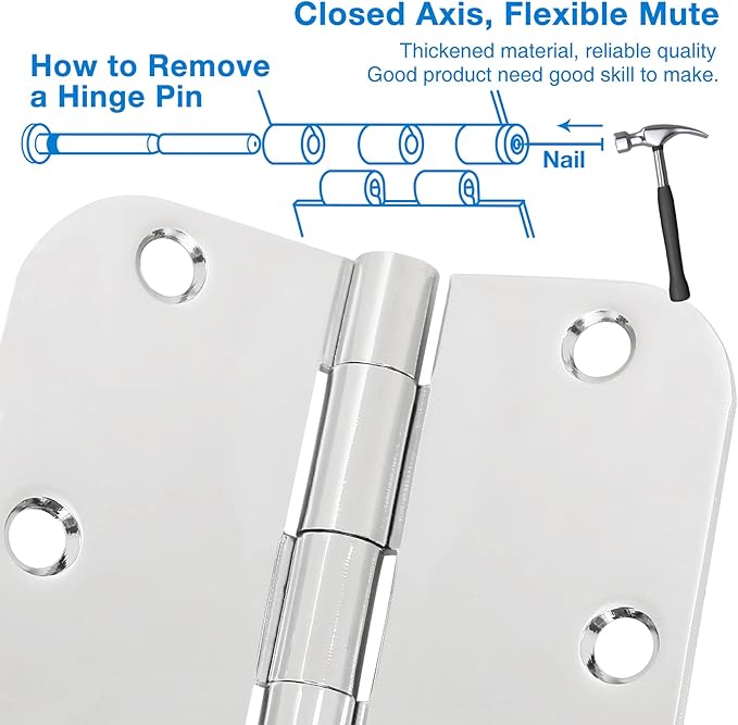 6 Pack Door Hinges 3.5 Inch Rounded Polished Chrome Standard Interior Door Hinges 3 1/2 Inch Residential Stardand RV Home Decor Door Accessories Door Hardware Siliver Hinges 5/8" Radius Hinge Indoor