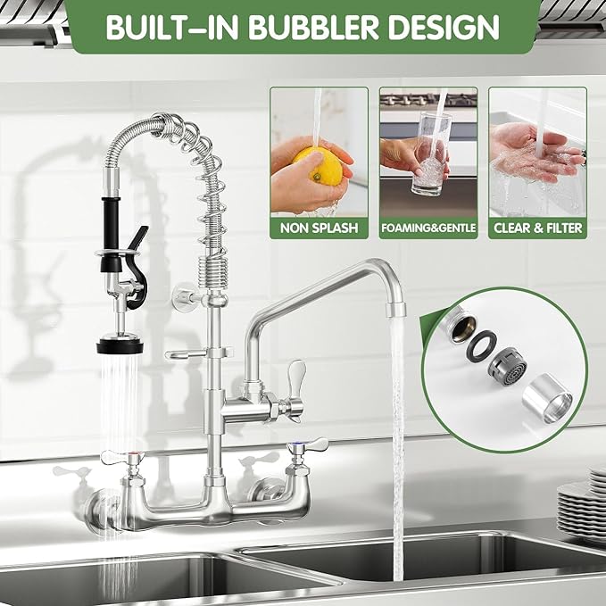 Commercial Sink Faucet,TOLSUNY Commercial Kitchen Faucet Wall Mount with Pre Rinse Sprayer,Wall Mounted Kitchen Sink Faucet for Industrial and Restaurant Sinks. (Classic, 25)