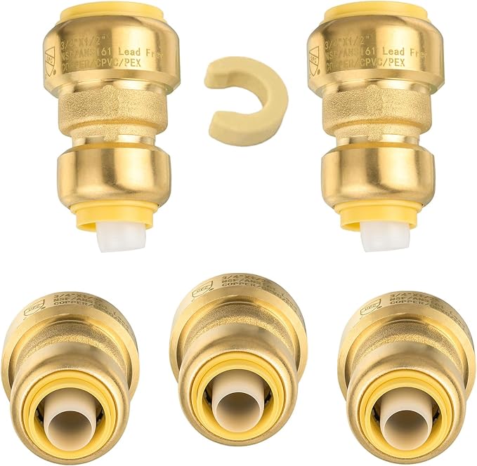 (Pack of 5) Niikappu 3/4" x 1/2" Reducing Coupling Brass Fittings, Push-to-Connect Plumbing Fitting for Pex, Copper, CPVC, Includes Removal Clip(PF017-5Pack)