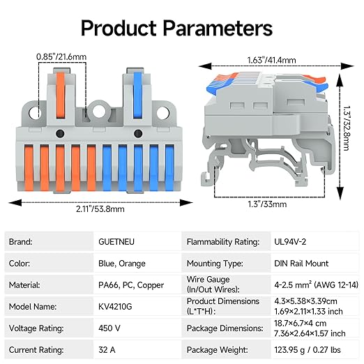 3Pcs Lever Wire Connectors, 2 in 10 Out, Push-in, 4-2.5 mm² Quick Wiring DIN Terminal Blocks, 36Pcs Wire Ferrules Terminals & 6.89 Inch DIN Rail Included
