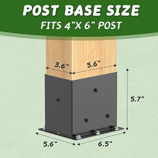 2 Pcs Post Base,4”x 6" Post Brackets(Acturl3.6 x5.6), Heavy Duty Black Metal Powder-Coated Thick Steel Post Anchor Outdoor for Support Deck Base Plate, Pergola Bracket Kit,Mialbox Post Mount