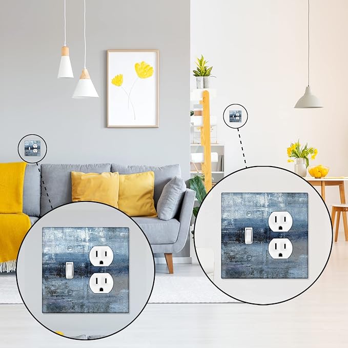 Blue Grey Light Switch Cover 2 Gang Outlet/Toggle Decorative Wall Switch Plates Abstract Art Wallplates Outlets Cover for Kitchen Bedroom Decor