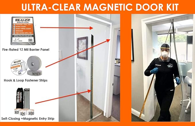 RE-U-ZIP® Heavy-Duty Ultra-Clear Magnetic Entry Strip Door Kit | Customizable 5 x 9 ft Cut-to-Size | 12 Mil FR Vinyl | Negative-Air Resistant and Reliable for Cleanrooms, Construction, Remodeling