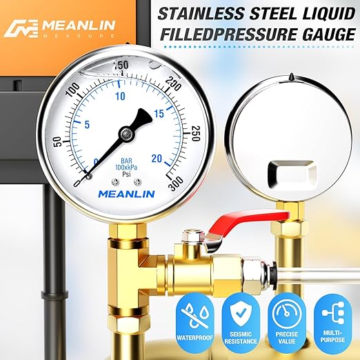 MEANLIN MEASURE 0~300Psi Stainless Steel 1/4" NPT 2.5" FACE DIAL Liquid Filled Pressure Gauge WOG Water Oil Air Lower Mount, with 1/2" NPT and 3/8" NPT Hex Bushing