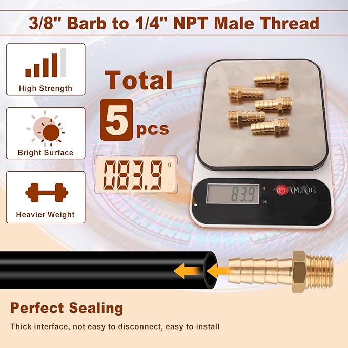 5pcs Brass Hose Barb Fittings 3/8 Inch Barb to 1/4 Inch NPT Male Thread Air Hose Fittings Adapter Connector Water Fuel Air Line Fittings 3/8” Barb × 1/4” NPT Brass Fittings