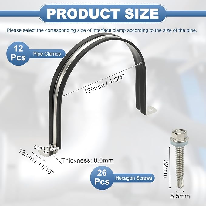 PATIKIL 12Pcs Pipe Clamps, 4-3/4 Inch 304 Stainless Steel Rubber Cushioned U Bracket Conduit Clamps Pipe Strap Wire Clips with Hexagonal Screw for Tube Hose Cord Installation, 120mm
