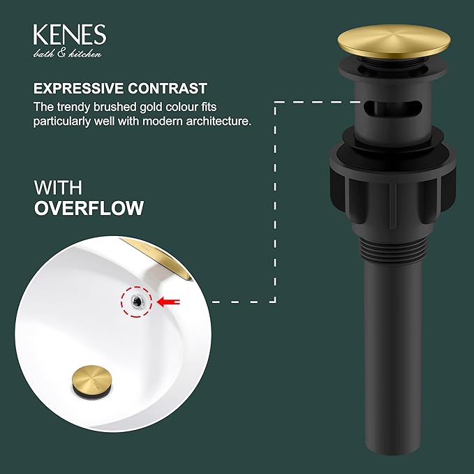 KENES Brushed Gold Pop Up Bathroom Sink Drain with Overflow, Bathroom Sink Drain Assembly with Strainer Pop Up Drain, Lavatory Bathroom Vanity Sink Pop Up Drain Stopper