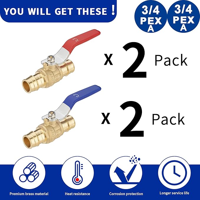 (4 Pack) Lidertik 3/4 inch PEX-A Expansion Ball Valve Shut Off Valve 1/4 Turn Valve LI-QF1-1960-0.75(4 PCS)