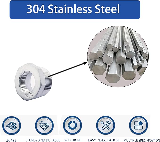 1-1/4" Male to 1" Female NPT Threaded Reducer Hex Bushing 304 Stainless Steel Reducing Adapter Pipe Fitting With Teflon Plumbers Tape(Pack of 2)