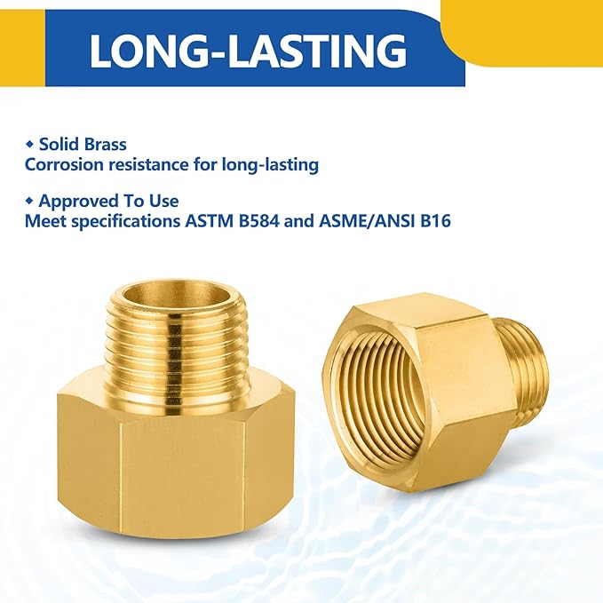 10 PACK GUOFIS Brass Pipe Fittings - 1/2" Male NPT x 3/4" Female NPT Reducing Adapter to Alter Pipe Diameters(NPT037)
