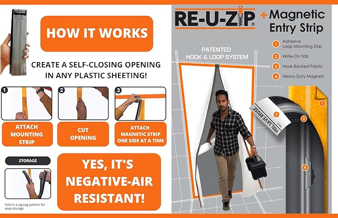 RE-U-ZIP® Self-Closing Ultra-Clear Magnetic Entry Strip Door Kit | Negative-Air Resistant and Reliable for Cleanrooms, Construction, Remodeling | Commercial 6 Mil FR Vinyl (5 x 5.8FT)