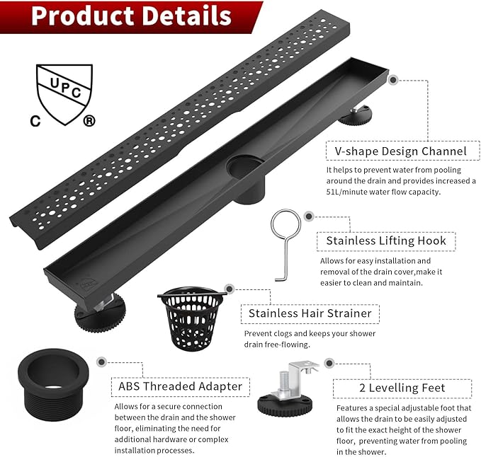 Sharp-tec Shower Drain, 32 inch Linear Shower Drain, Matte Black 304 Stainless Steel Rectangular Shower Floor Drain with Adjustable Leveling Feet, Hair Strainer, cUPC Certified, ST-099-32B