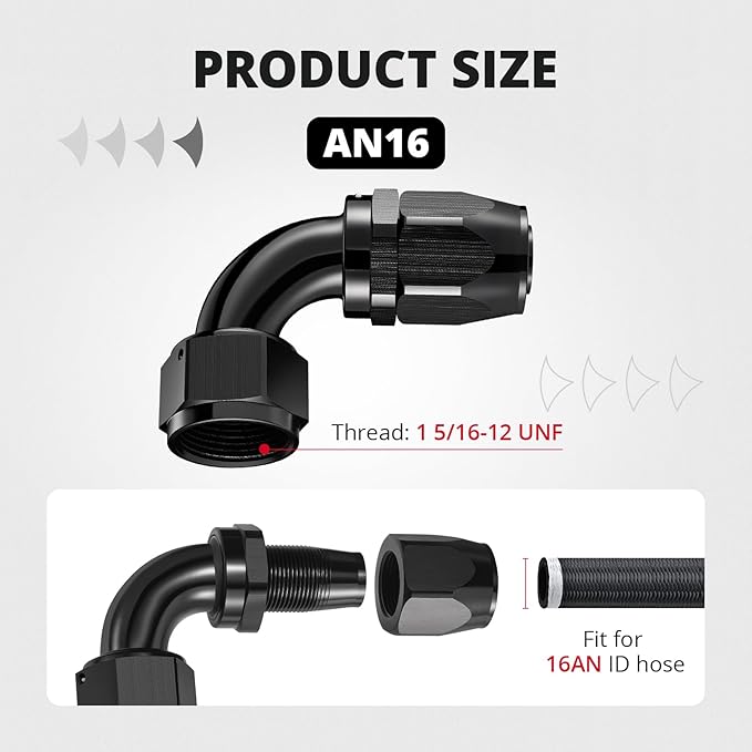 EVIL ENERGY 16AN Hose End Fitting 90 Degree Swivel for CPE Braided Hose Black 2PCS