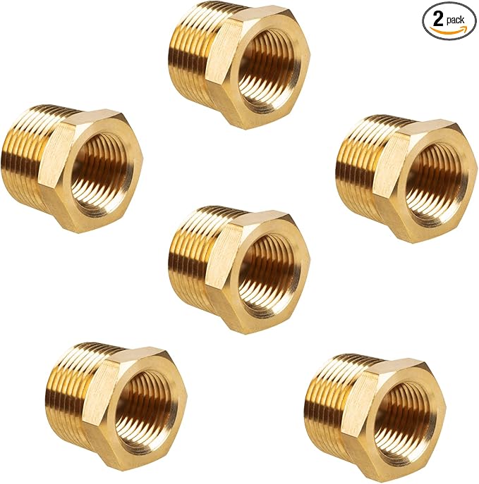 2 PCS Brass Reducer Hex Bushing Threaded Pipe Fitting 1/4" NPT Male x 1/8" NPT Heavy Duty Brass Fitting Pipe Hose Tube Adapter Convert