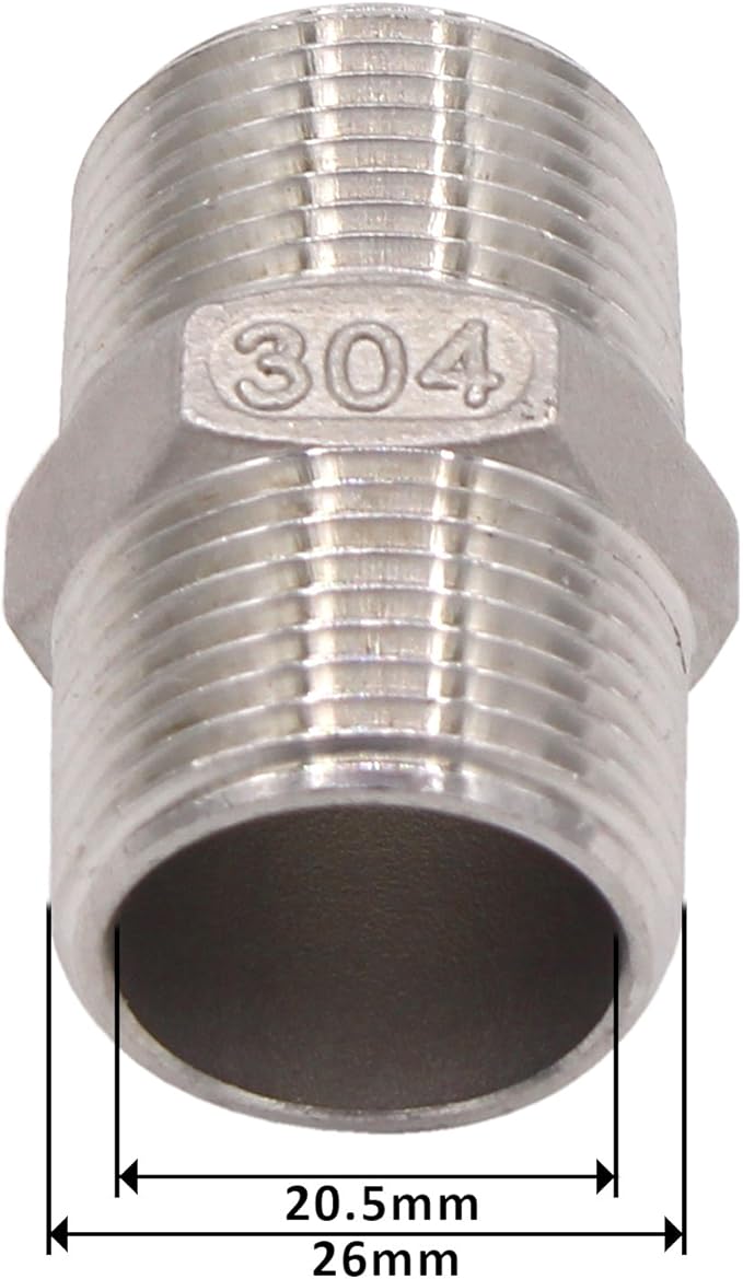 Hex Nipple 3/4 Inch Male NPT Stainless Steel 304 Threaded Pipe Fitting for Brew Kit, Home Piping Application, Compatible for DERNORD