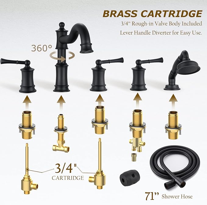 Roman Tub Faucet Set With Handheld Shower 5 Hole Deck Mount Tub Filler With Diverter, 3 Lever Handle Rough-in Valve and Water Supply Lines Included for Bathroom Tub, Matte Black