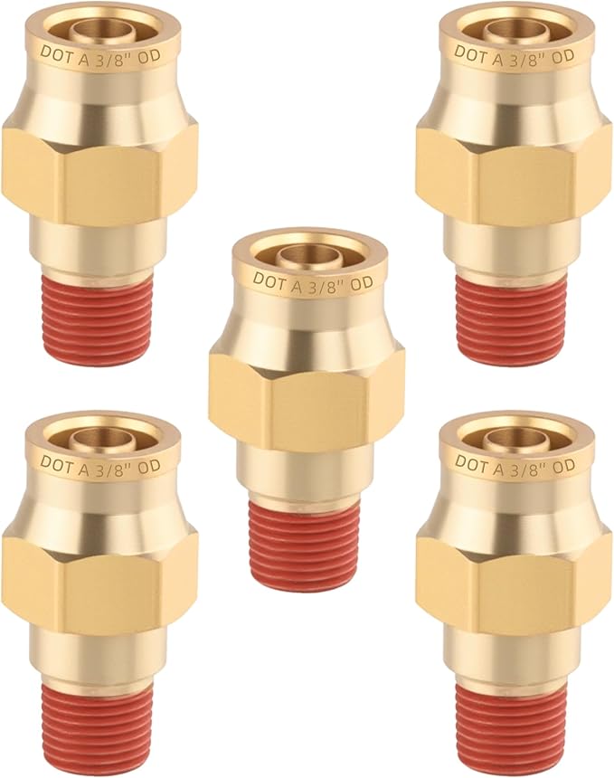 5PCS Quick Push to Connect Fittings, Brass Union Straight DOT Approved 3/8" Tube OD x 1/8" NPT Thread Air Line Adapter for Truck Trailers and Air Brake System