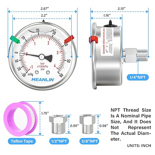 MEANLIN MEASURE -30inHG~60Psi Vacuum Pressure Gauge 316 Stainless Steel Joint 1/4"NPT 2.5"FACE DIAL, Liquid Filled Pressure Gauge WOG Water Oil Air Back Mount with Stainless Steel Hex Bushing, Snaps