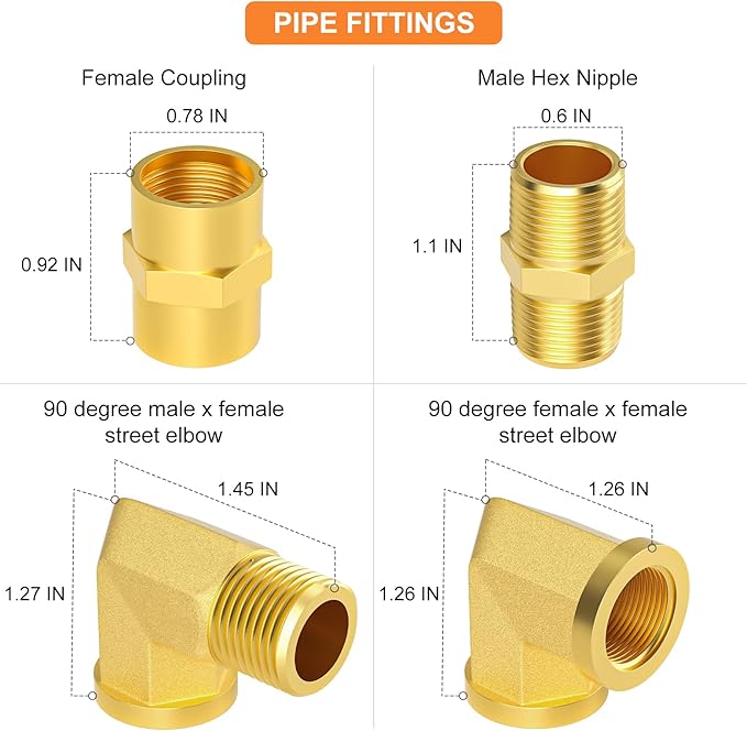 GASHER 24PCS 3/8 Inch NPT Brass Pipe Fittings, Hex Nipple, Hex Coupling, 90 Degree Barstock Street Elbow Air Hose Fittings