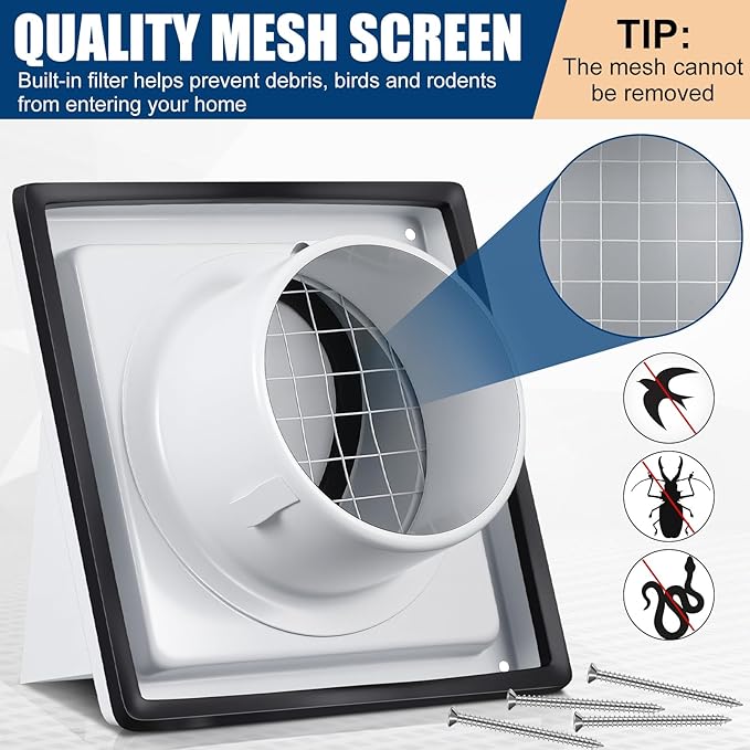 Gisafai 4" Outside Dryer Vent Cover for Exterior Walls Exhaust Vent Cap with Removable Extension Pipe Stainless Steel Hood Cushioned Non Return Flap with Sealing Gasket Grille Screen