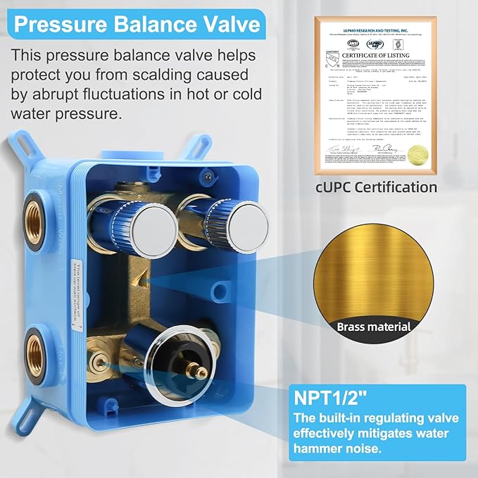 2 Way Brass Shower Diverter Valve Kit - Thermostatic Flow Control Valve, Simultaneous Operation, Adjustable Flow, Chrome Finish