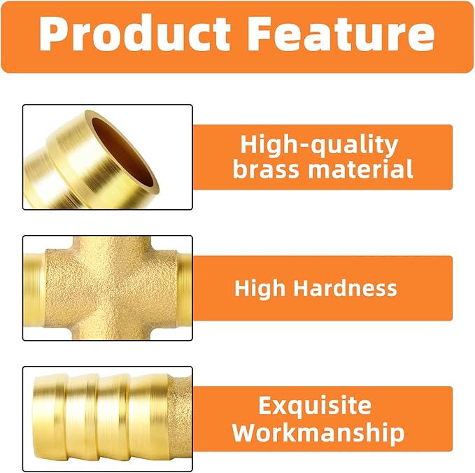 GASHER 2PCS 1/4" Brass Hose Barb, 4-Way Fitting with 8 Clamp Intersection/Liquid/Fuel/Air