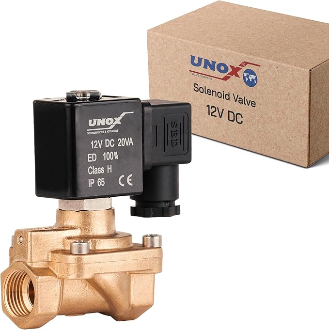 UNOX 1/2" NPT Solenoid Valve 12V DC, Brass Control Valve Normally Closed - 7-232 PSI Multi-Purpose Reliable Control Valve for Water, Air, and Gas - Solenoid Valves
