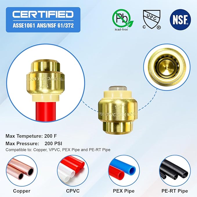 Pushfit Plumbing Fittings 1/2 Inch,Brass Push Fittings 1/2 Inch for Pex,Copper,CPVC,12PCS Coupling,10PCS Elbow,4PCS Tee Fitting,2PCS End Cap, Pack of 28 with Pipe Cutter,Deburring Tool,Disconnect Clip