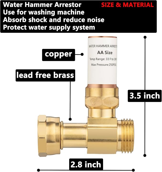 (2 Pack) Lidertik Water Hammer Arrestor for Washing Machine and 3/4 Inch Garden Hose, Copper Chamber and 2 More Washers, Absorb Shock and Reduce Noise LI-XYJSC-ZT-S(2 PCS)