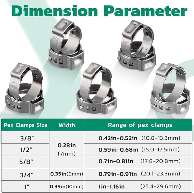 150 Pack 3/8 Inch Pex Clamps,304 Stainless Steel Pex Cinch Clamps Stepless Pex Crimp Rings PEX fittings Pinch Clamps,Single Ear Hose Clamps for Pex Tubing Pipe