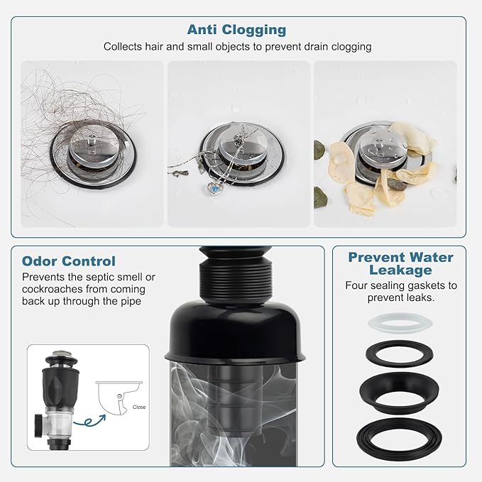 iFealClear Bathroom Sink Drain Kit, Flexible P-Trap Drain Pipe with Pop Up Stopper, Expandable Bathroom Sink Pipe Replacement with 2 Adapters, Fits 1-1/4'', 1-1/2'', 2" Holes, Hair Catcher, Chrome