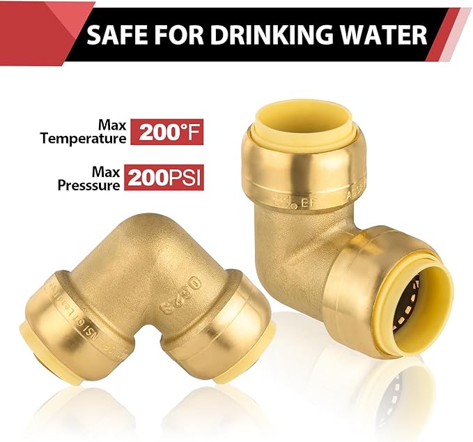 (Pack of 2) EFIELD 1/2-inch 90-Degree Elbow, Push-Fit Brass Fittings to Connect Copper, PEX, CPVC Pipe with 1/2" Disconnect Clip,(PF-UNI007)