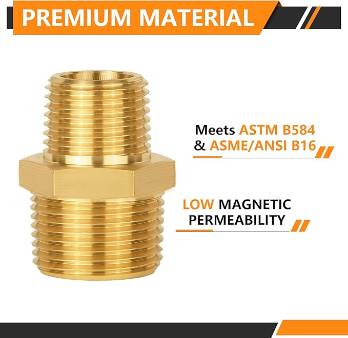50-PCs HeSun Brass Hex Nipple Pipe Fitting, 3/4" NPT Male x 1/2" NPT Male Hex Pipe Adapter