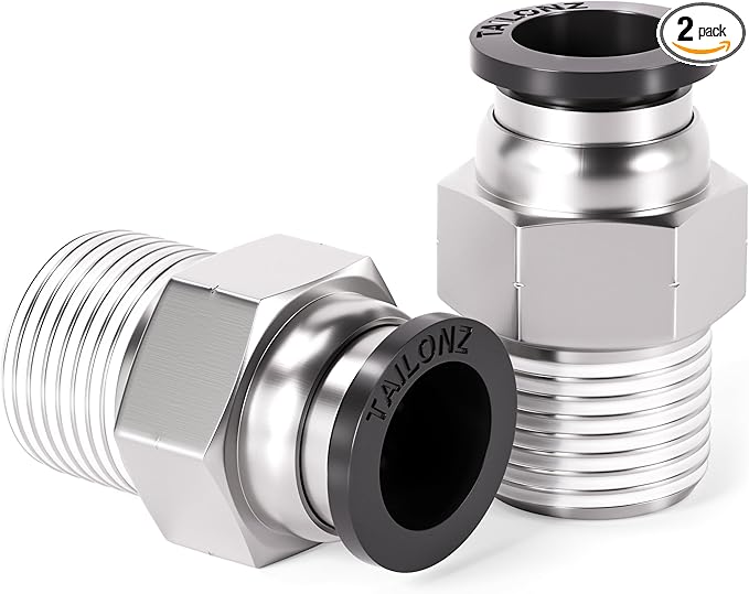TAILONZ PNEUMATIC Male Straight 1/2 Inch Tube OD x 1/4 Inch NPT Thread Push to Connect Fittings PC-1/2-N2 (Pack of 2)