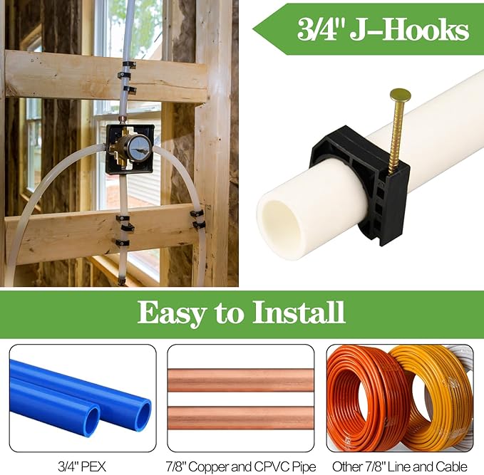 50 Pack 3/4" Half Clamps J-Hook with Nails Set, J Clamps for PEX, Copper, CPVC Tubing Connections
