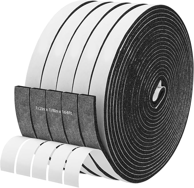 Storystore Foam Insulation Tape Self Adhesive, 1/2In x 1/8In x164Ft Weather Stripping for Doors and Windows, Sound Proof Soundproofing Door Seal, Weatherstrip, Air Conditioning Seal Strip