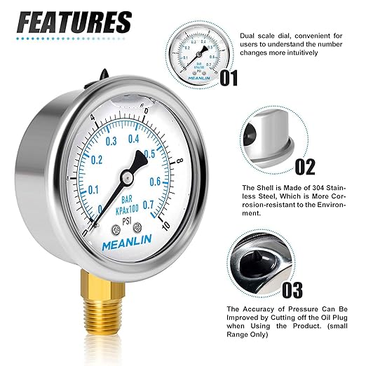 MEANLIN MEASURE 0~10Psi Stainless Steel 1/4" NPT 2.5" FACE DIAL,Liquid Filled Pressure Gauge,WOG Water Oil Air Lower Mount (Pack of 2), with 1/4" x 1/2" NPT and 1/4" x 3/8" NPT Hex Bushing