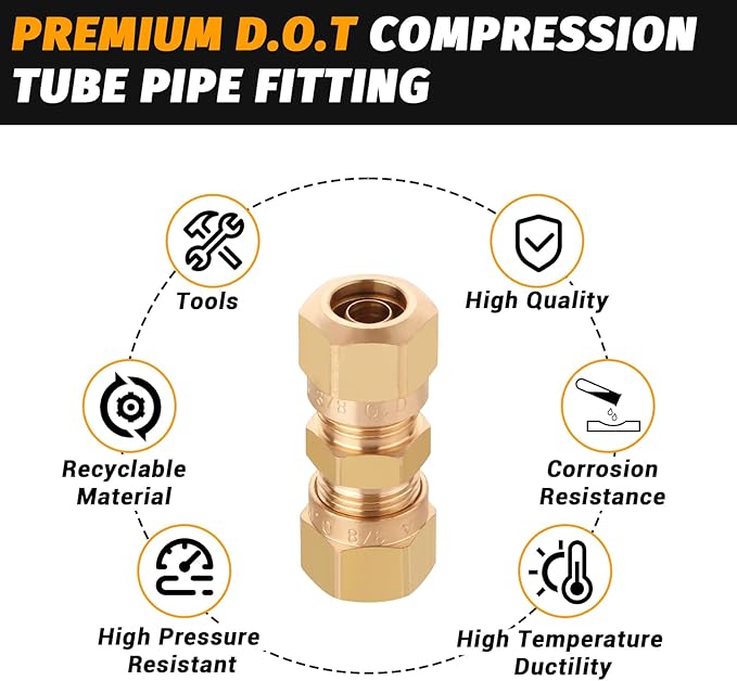 D.O.T Brass Compression Straight Union Fittings, 3/8" Air Compression Union for Nylon Tubings (Pack 4)
