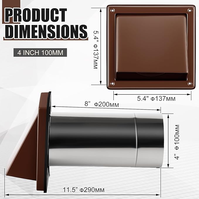 Gisafai 4" Outside Dryer Vent Cover for Exterior Walls Exhaust Vent Cap with Removable Extension Pipe Stainless Steel Hood Cushioned Non Return Flap with Sealing Gasket Grille Screen