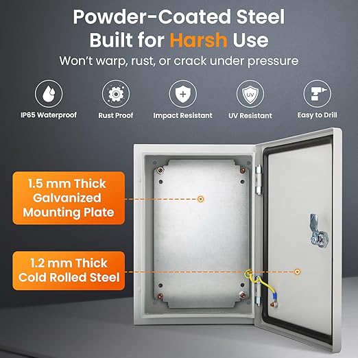 QILIPSU Metal Electrical Box IP65 Waterproof Steel Project Enclosure Lockable Weatherproof Electric Junction Box for Indoor & Outdoor Use 14"x10"x6"