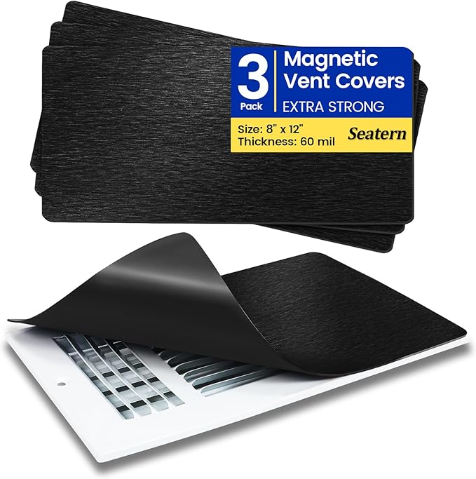 Magnetic Vent Covers, Extra Strong Magnets, Black 8" x 12" (3 Pack) Ultra Thick 60mil, Complete Seal, Air Vent Covers for Home Floor, Ceiling, Wall Registers, HVAC, AC, RV, and Heater Vents