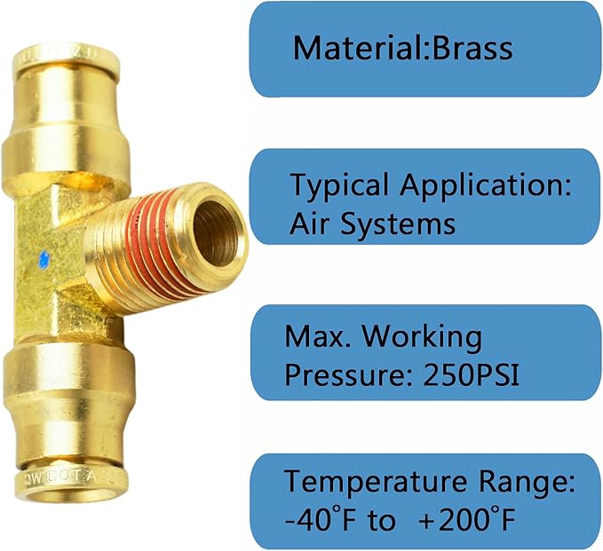 Push-to-Connect Pneumatic Fittings Set - DOT Air Brake Line Fittings, 5pcs Brass Air Hose Quick Connect Fitting, 1/4" Tube OD x 1/4" Tube OD x 1/4" NPT Male Tees