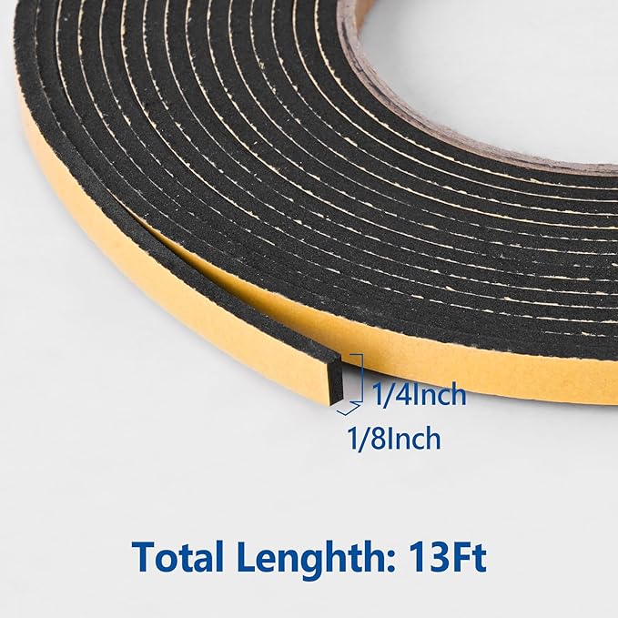 Kikerike Self Adhesive Foam Tape Weatherstrip 1/4In x 1/8In x 13Ft High Density Foam Insulation Strips Seal Weather Stripping with Strong Adhesive for Door and Window Sound Isolation Soundproofing