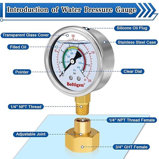 Boltigen 0-60 Psi Water Pressure Gauge, 3/4" GHT Female Thread, Oil Filled, Home, Industrial, Garden Use