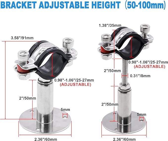 2 Pack Pipe Supports,304 Stainless Steel Wall Mount Ceiling Mount Pipe Bracket Clamp Ring Hanger with Screws for Pipe OD 25-27mm, Bracket Adjustable Height 50-100mm