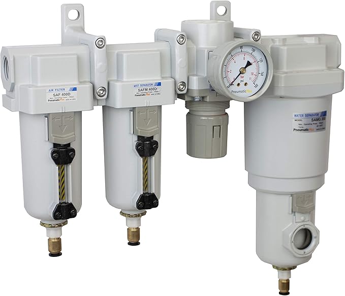 PneumaticPlus SAU470-N04DG-MEP 4 Stage Compressed Air Drying System - Particulate Filter, Coalescing Filter, Pressure Regulator & Water Separator, 1/2" NPT - Auto Drain, Metal Bowl for compressor